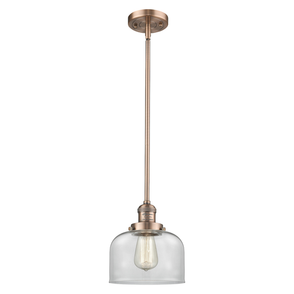 Innovations Lighting Large Bell Vintage Dimmable Led 8" Antique Copper Mini Pendant, Clear Glass 201S-AC-G72-LED